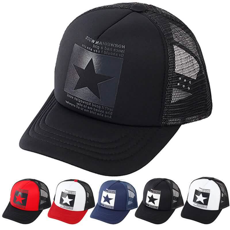 Unisex baseball cap, black front with star patch and black mesh sides