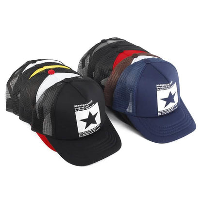 Unisex baseball caps set with star patches and striped accents in black, yellow, red, and blue