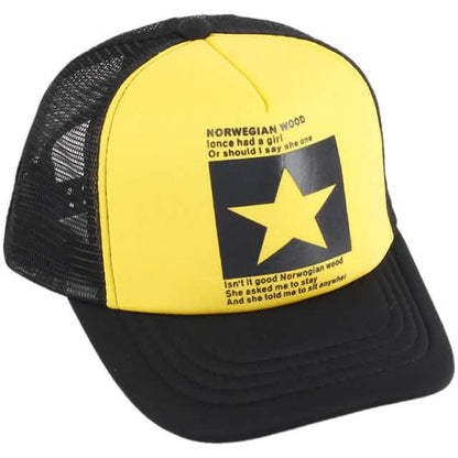 Unisex baseball cap, yellow front panel with star graphic and black mesh back