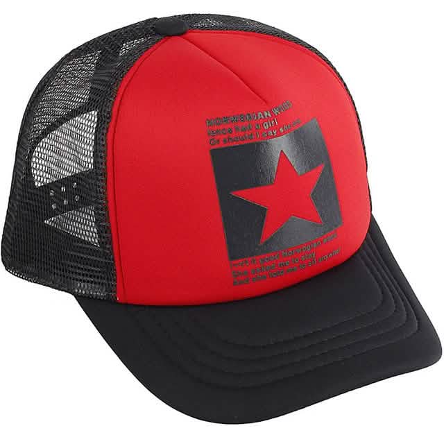 Unisex baseball cap, red front panel with star graphic and black mesh back