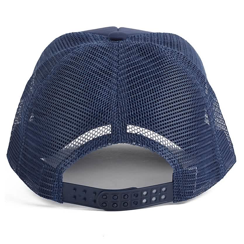 Mesh baseball cap with navy crown and adjustable strap with eyelet holes