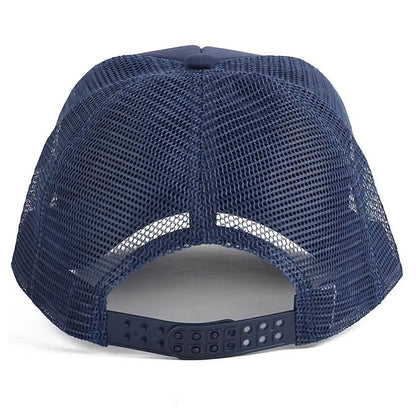 Mesh baseball cap with navy crown and adjustable strap with eyelet holes