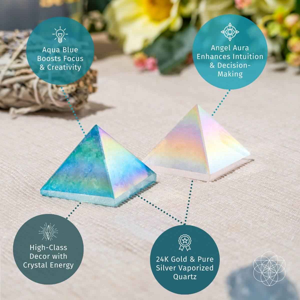 Crystal pyramid pair on cloth: aqua blue and iridescent angel aura pyramids