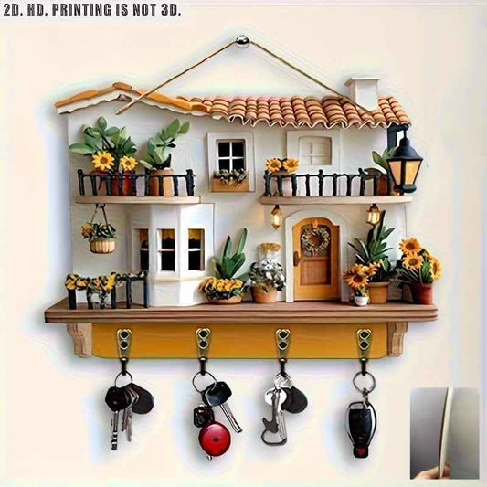 Wooden wall key holder with 4 metal hooks and sunflower cottage motif, with keys attached