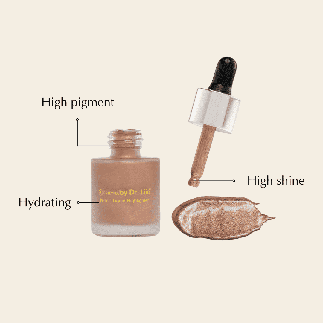 Bronzer & glow drops with dropper bottle and metallic shimmer swatch