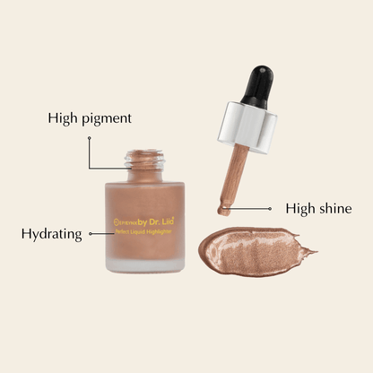 Liquid glow drops bottle with beige shimmer liquid and dropper