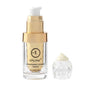 Clear serum bottle with gold collar and white pump, gluten-free label