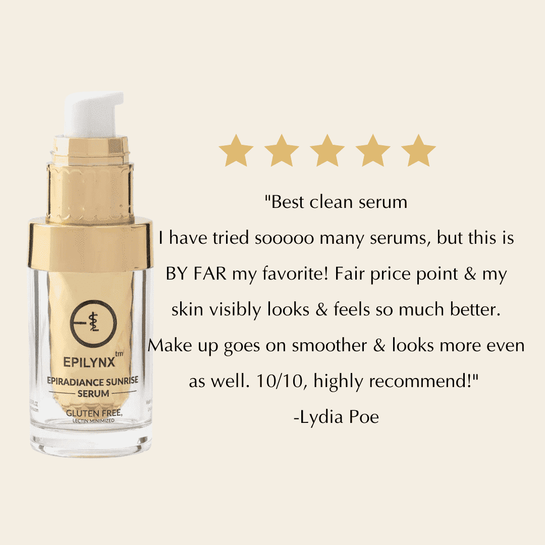 Glass serum bottle with gold label and pump; five star rating graphic.