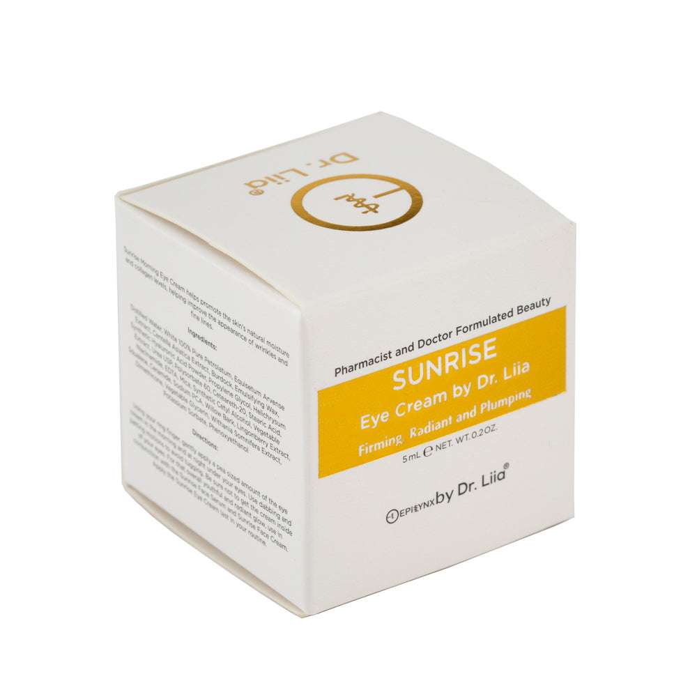Eye cream product box with gold label, Dr. Lilia Sunrise, and firmness text