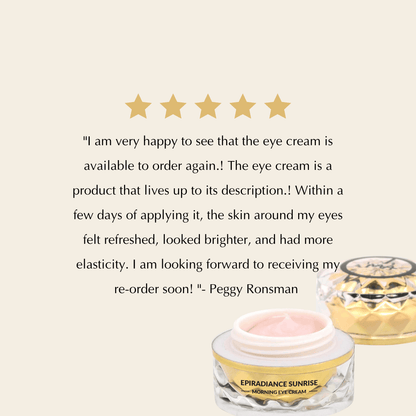 Eye cream jar with clear base, gold cap, and pinkish cream swirls