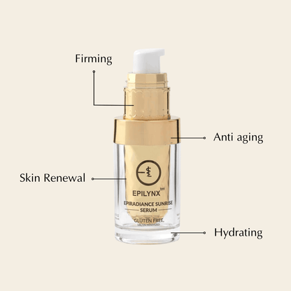 Facial serum bottle with gold pump top and clear glass container