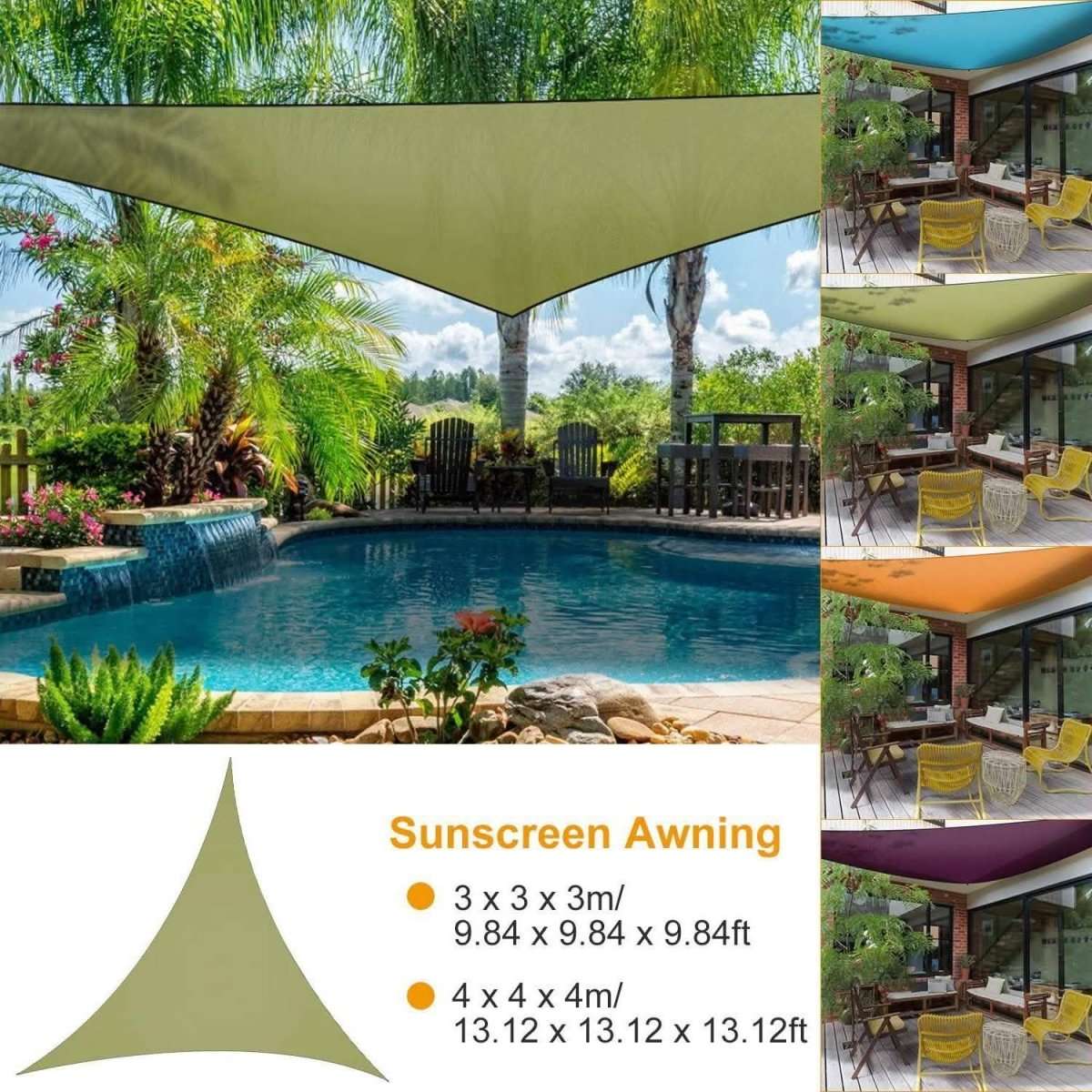 Patio sunshade canopy awning, olive green, installed over outdoor seating area
