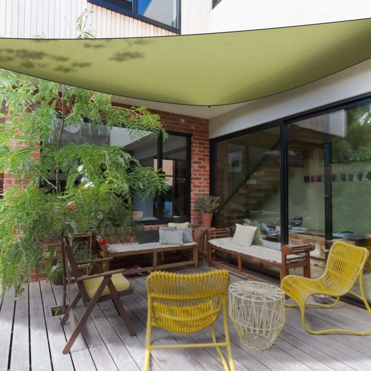 Army green patio shade canopy with taut fabric panel