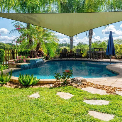Patio sunshade canopy awning, olive green, over poolside patio area