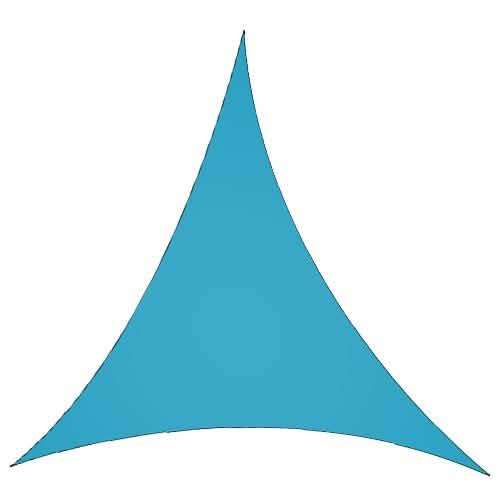 Patio sunshade canopy, blue triangular sail with curved bottom hem
