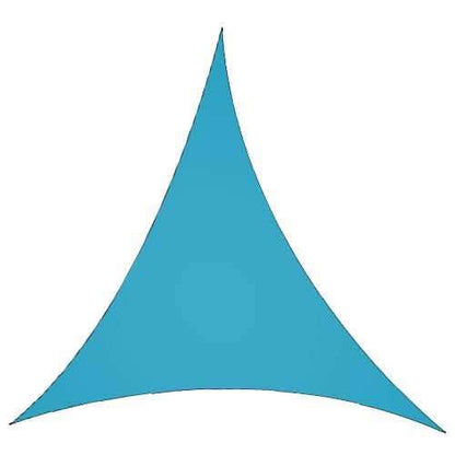 Patio sunshade canopy, blue triangular sail with curved bottom hem