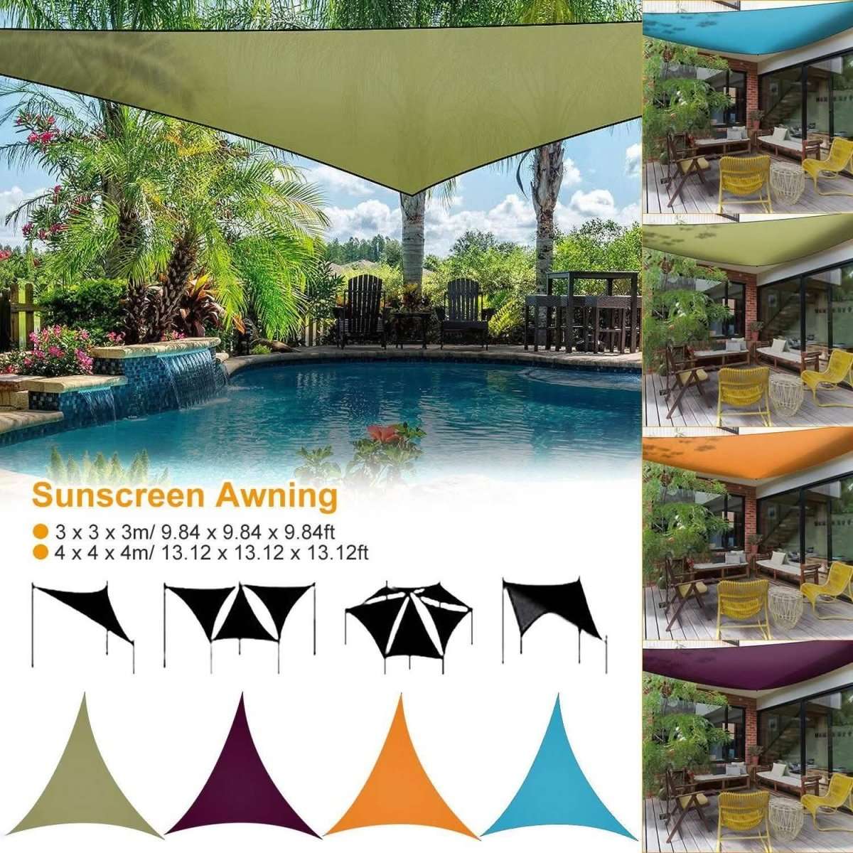 Sunshade canopy awning color options shown: olive green, purple, orange, blue, black