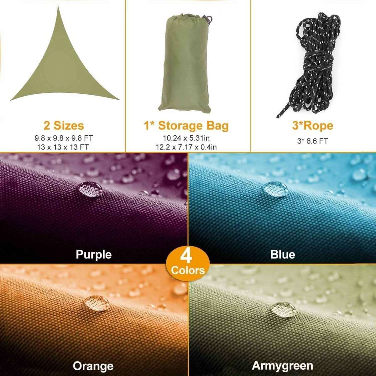 Sunshade canopy set with storage bag and rope, shown with size and color info