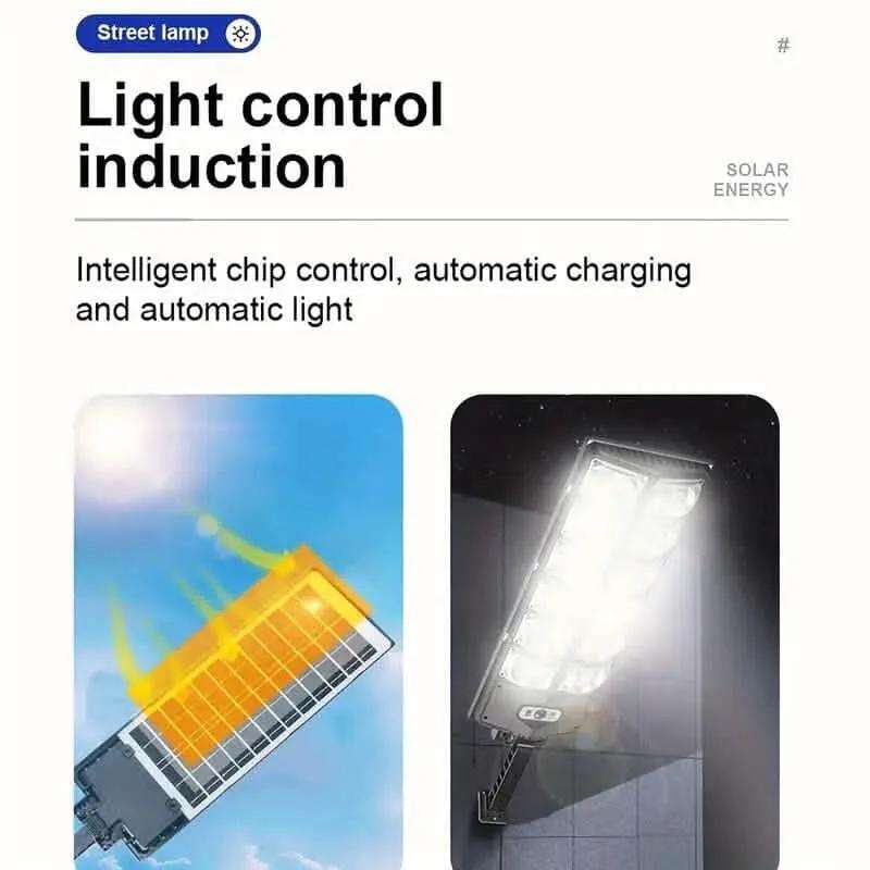 Solar LED street light with light control induction and illuminated solar panel