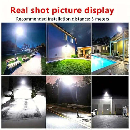 Solar LED outdoor light on pole with double row heads and bright illumination