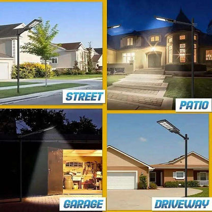 Solar LED street light installed on walkway, driveway, and garage area
