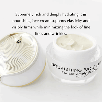 White and gold face cream jar with open lid showing light cream surface