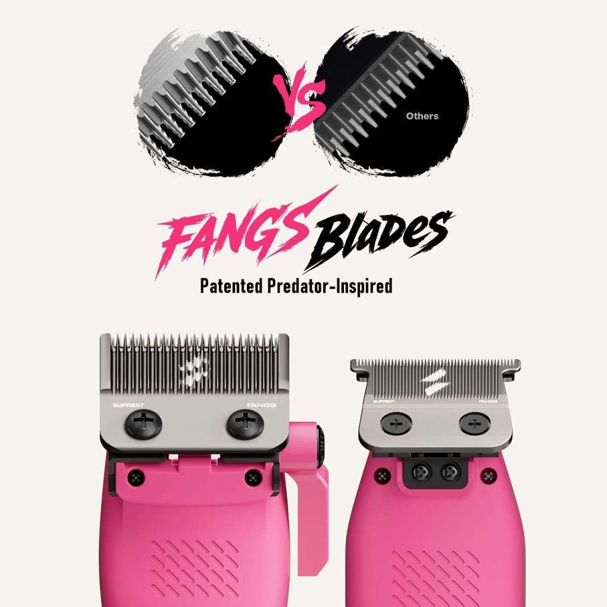 Clipper blade heads comparison with pink device bodies and gray blade profiles.