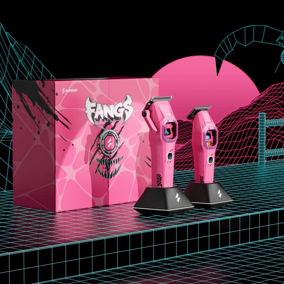 Pink electric hair clipper and trimmer set with charging docks and gift box.