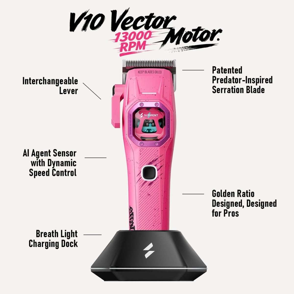 Pink electric clipper on black charging dock, front view.