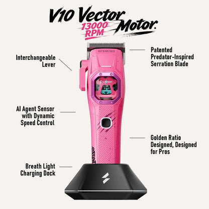 Pink electric clipper on black charging dock, front view.