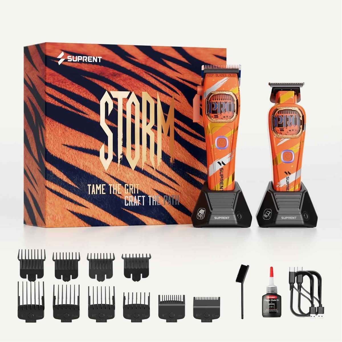 Electric clipper trimmer combo kit in orange with multiple guards, oil, and brush