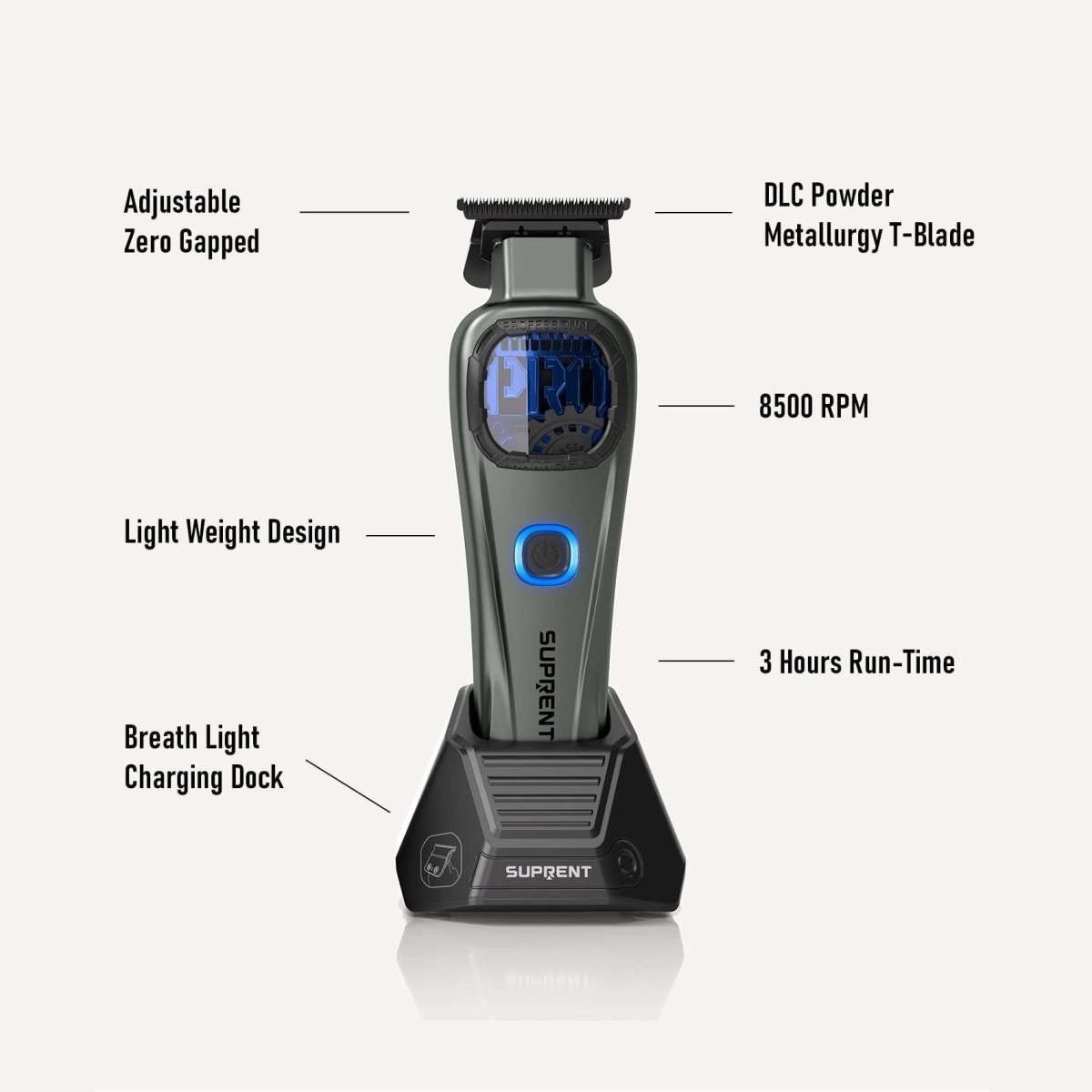 Hair clipper and trimmer combo with charging dock, gray and black with blue button