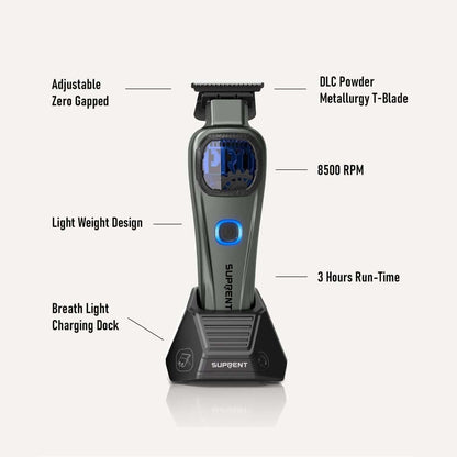 Hair clipper and trimmer combo with charging dock, gray and black with blue button