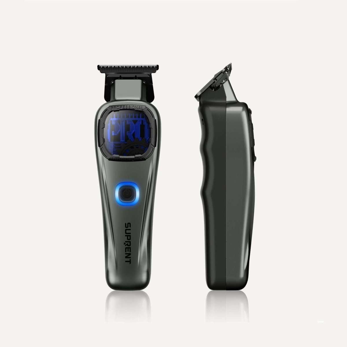 Hair clipper and trimmer front and side view, gray and black with blue button