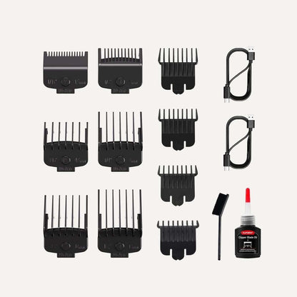 Hair clipper guard comb set with cleaning brush, charger dock, and blade oil