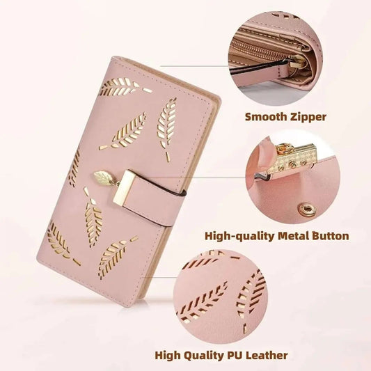 Sweet Cute Women's Long Leaf Bifold Wallet DailySale Pink Black Blue Pink-Black-Blue-Brown-Khaki-