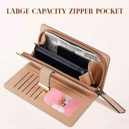Tan long leaf-pattern zip bifold wallet, opened with visible card slots and zipper pocket