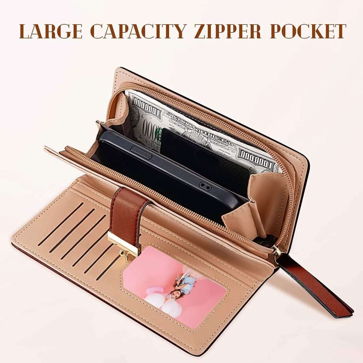 Tan long leaf-pattern zip bifold wallet, opened to show card slots and divider pocket