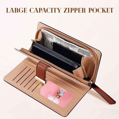 Tan long leaf-pattern zip bifold wallet, opened to show card slots and divider pocket