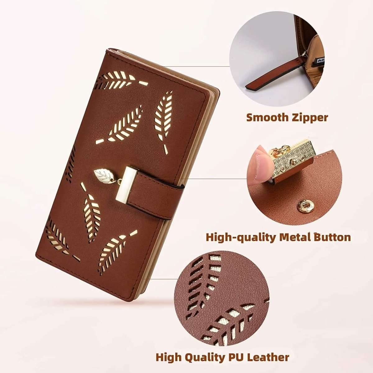 Brown long bifold wallet with leaf cutout design, clasp tab, and smooth zipper