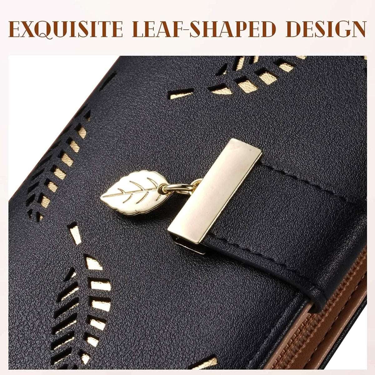 Black leaf-design wallet detail with gold-tone leaf charm, clasp tab, and stitched seams.