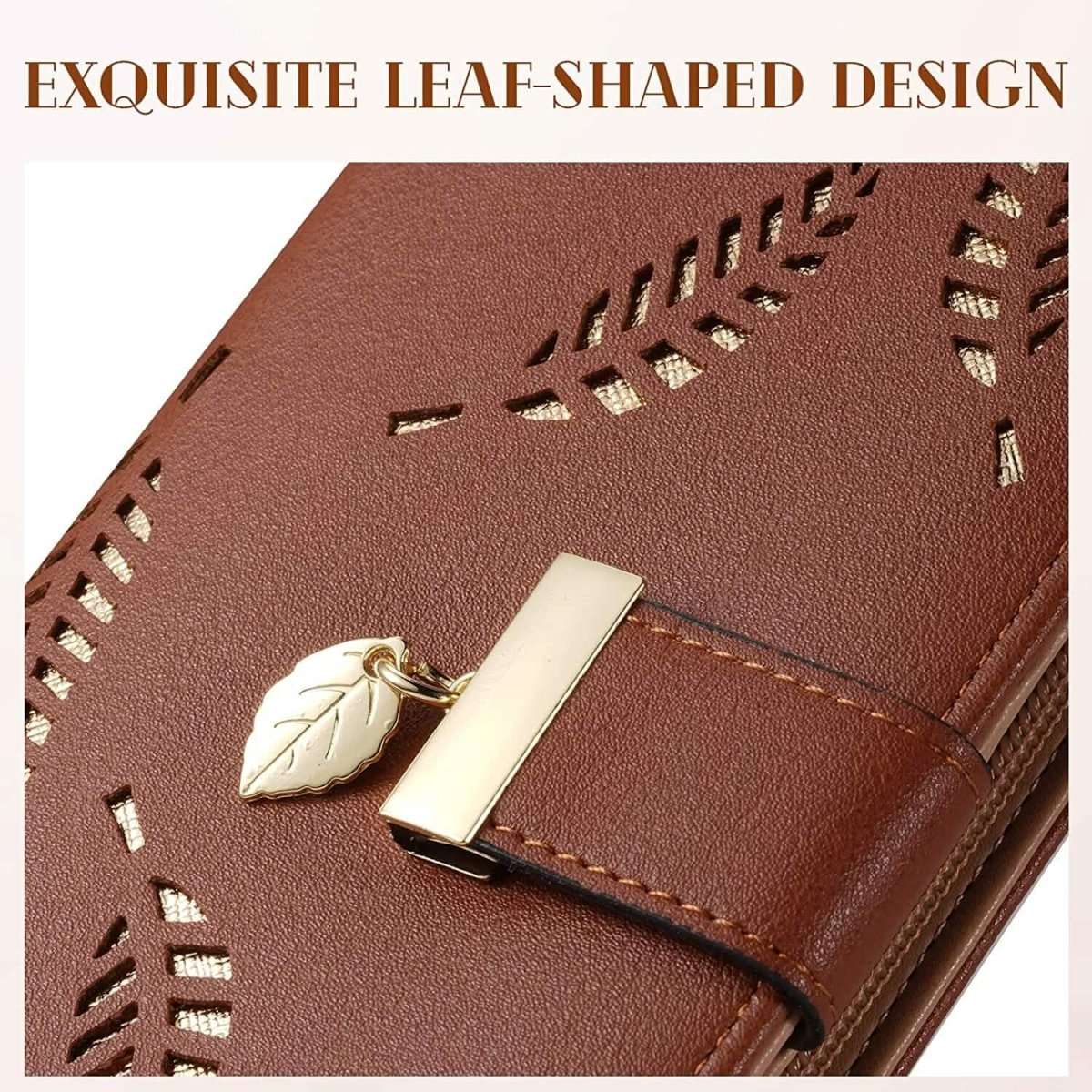 Brown leaf-shaped cutout wallet detail with gold-tone clasp and stitched edge