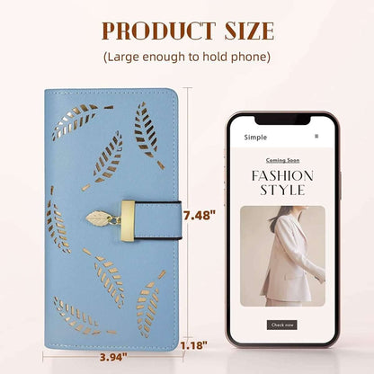 Blue leaf bifold wallet with snap strap closure and gold leaf cutout design