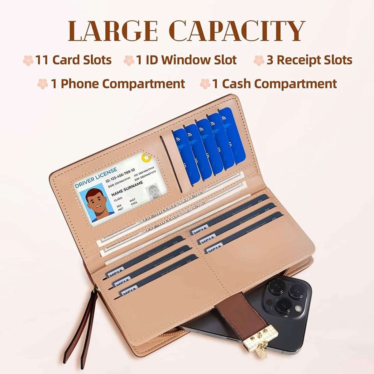 Beige leaf bifold wallet opened, displaying card slots, ID window, and cash pocket