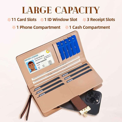 Beige leaf bifold wallet opened, displaying card slots, ID window, and cash pocket