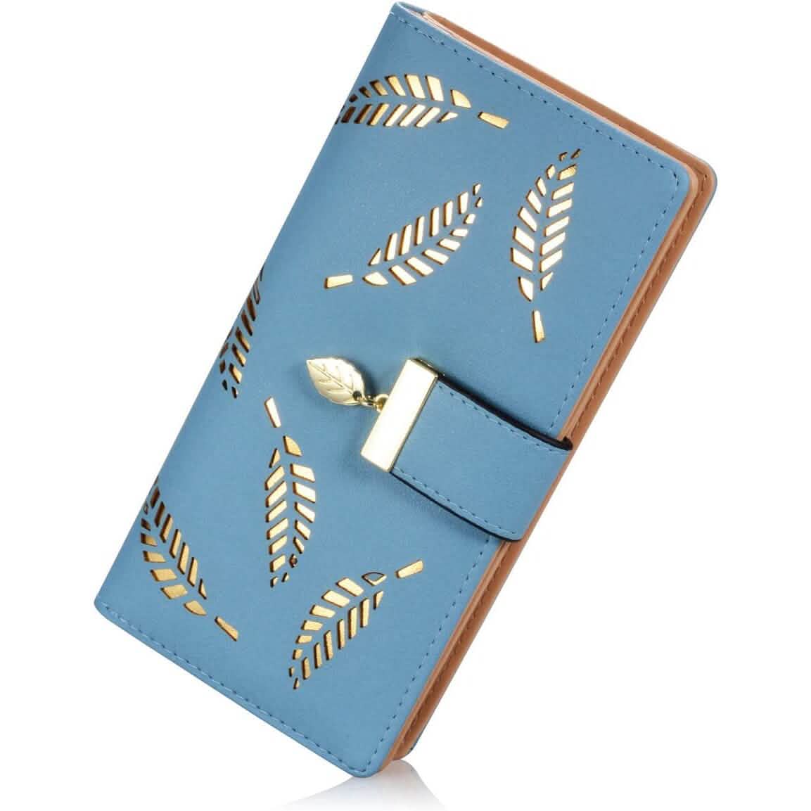 Blue leaf bifold wallet with cutout leaf pattern and snap strap closure