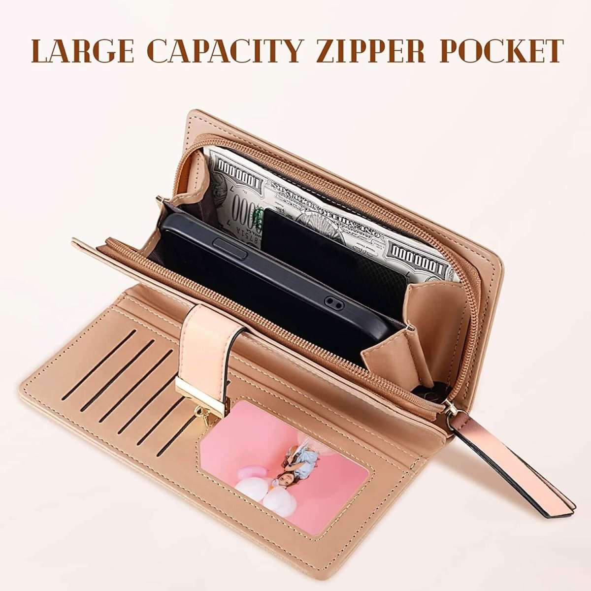 Tan long zip wallet with open interior, card slots, cash area, and photo ID window.