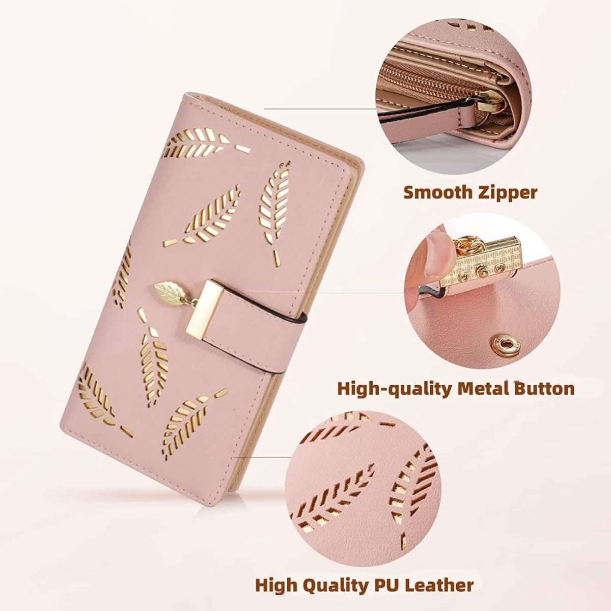 Pink long leaf-pattern wallet with smooth zipper, metal button, and leaf cutouts.