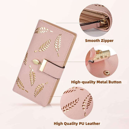 Pink long leaf-pattern wallet with smooth zipper, metal button, and leaf cutouts.