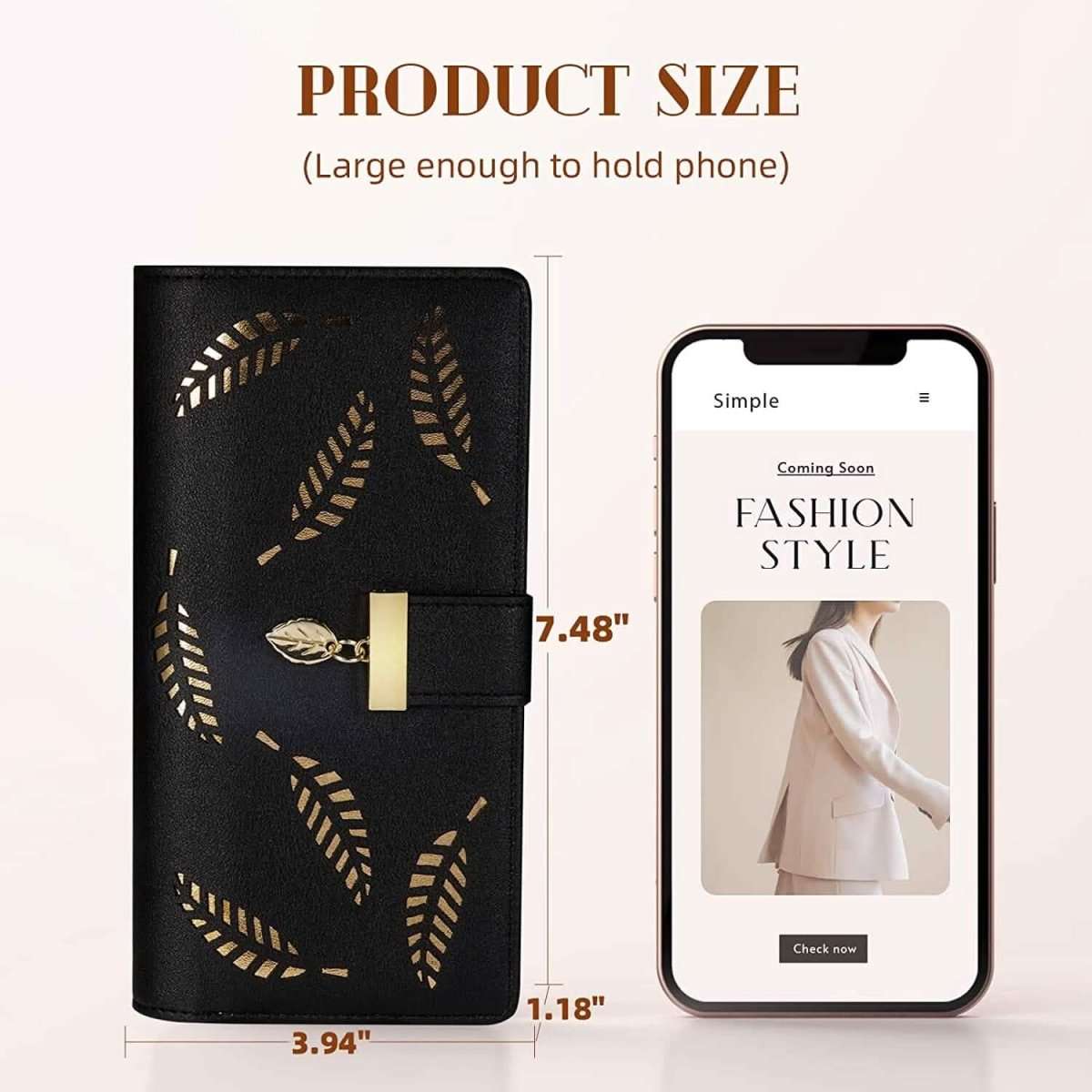 Black long leaf-pattern wallet with snap strap; size view with phone for scale.